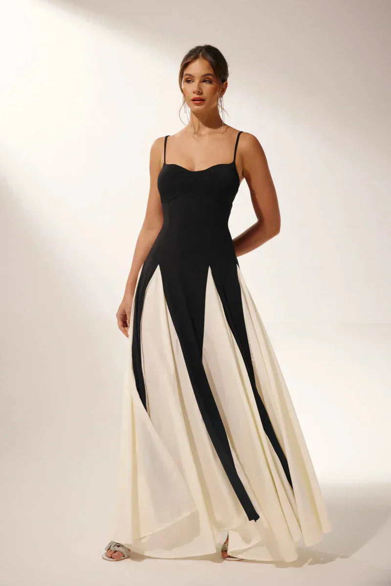 Serena - Slip Maxi Dress – black and cream – front view on model (4)