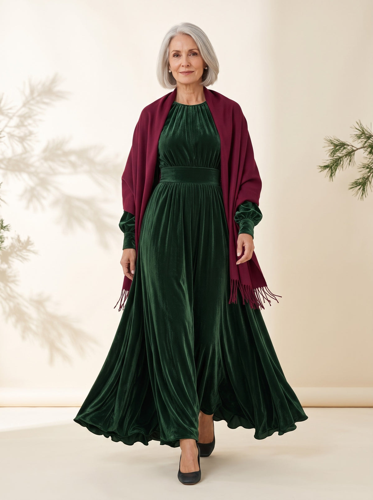 Gwyneth Maxi Dress in Dark Green, styled with the Blythe Evening Wrap in Burgundy
