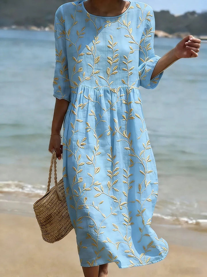 Amalfi Embroidered Midi Dress — sky blue with gold embroidery, front view