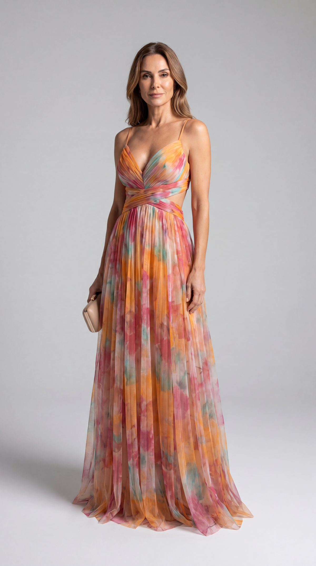 Pippa - Maxi Dress – orange watercolor print – front view on model