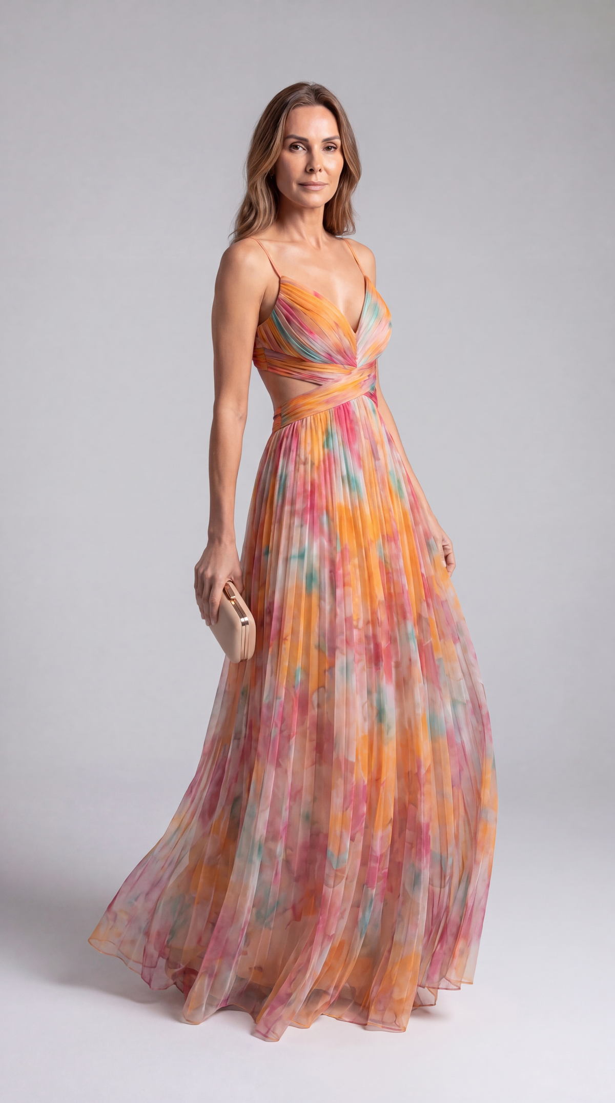 Pippa - Maxi Dress – orange watercolor print – front view on model (2)