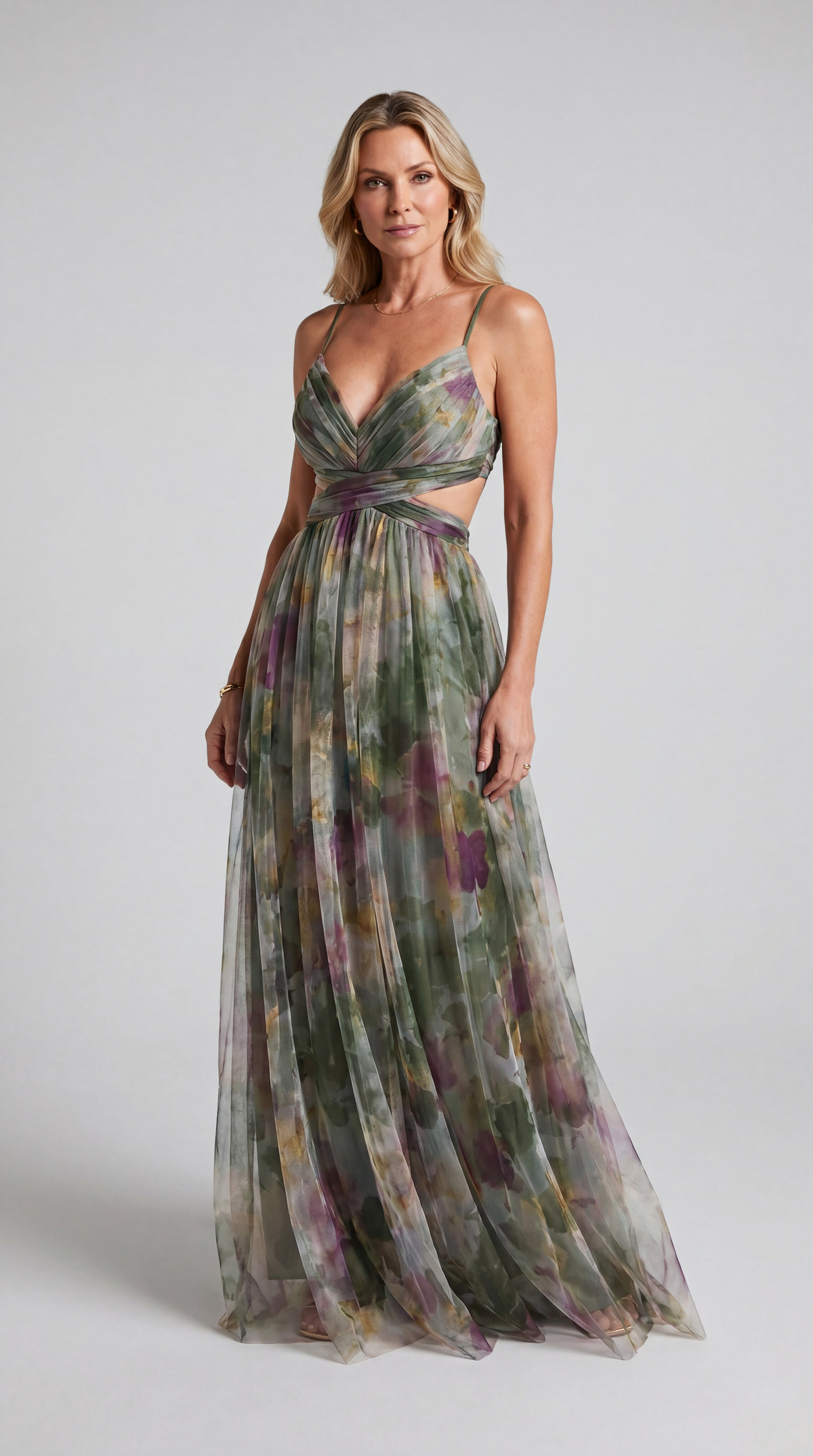 Pippa - Maxi Dress – green watercolor print – front view on model