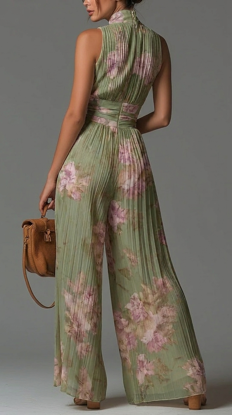 Solene Pleated Floral Jumpsuit — back view