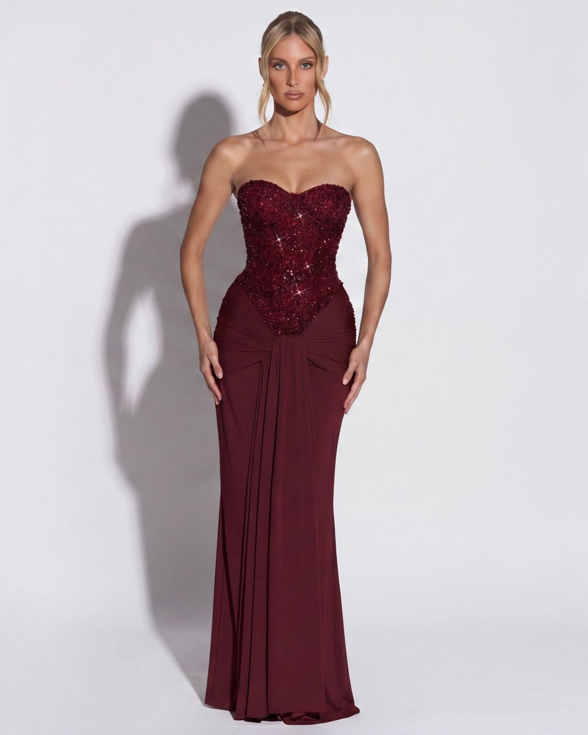 Leonora Gown in burgundy - front view
