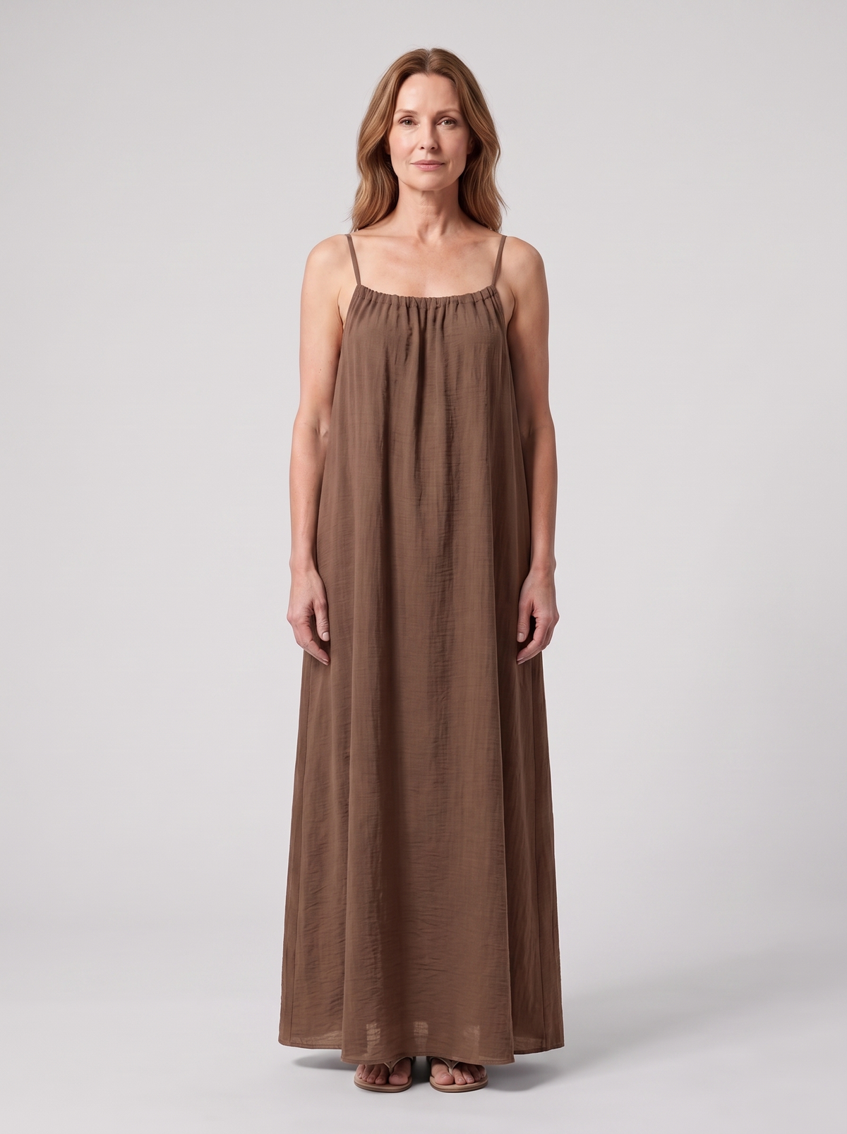 Rosalie backless maxi dress in Coffee Brown - front view