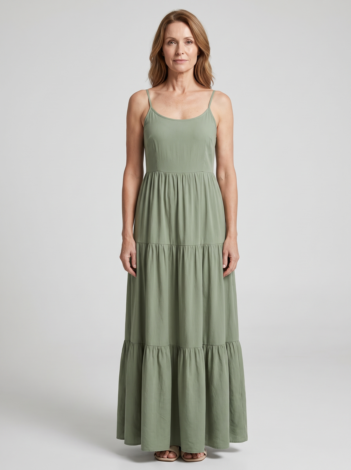 Colette tiered bow-back maxi dress in Sage Green - front view