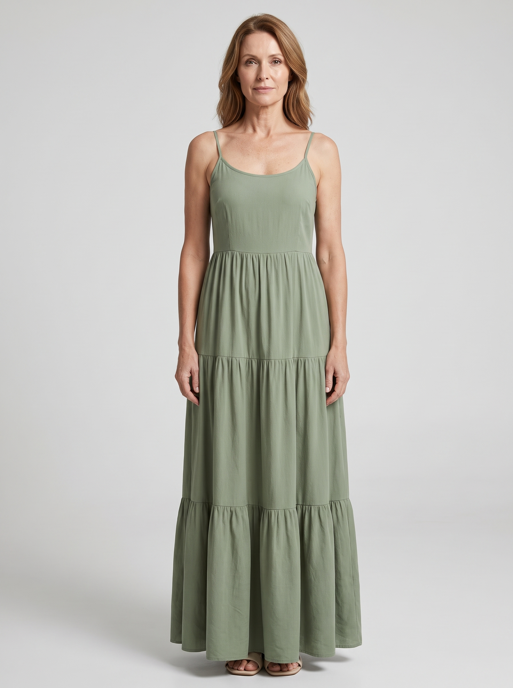 Colette tiered bow-back maxi dress in Sage Green - front view