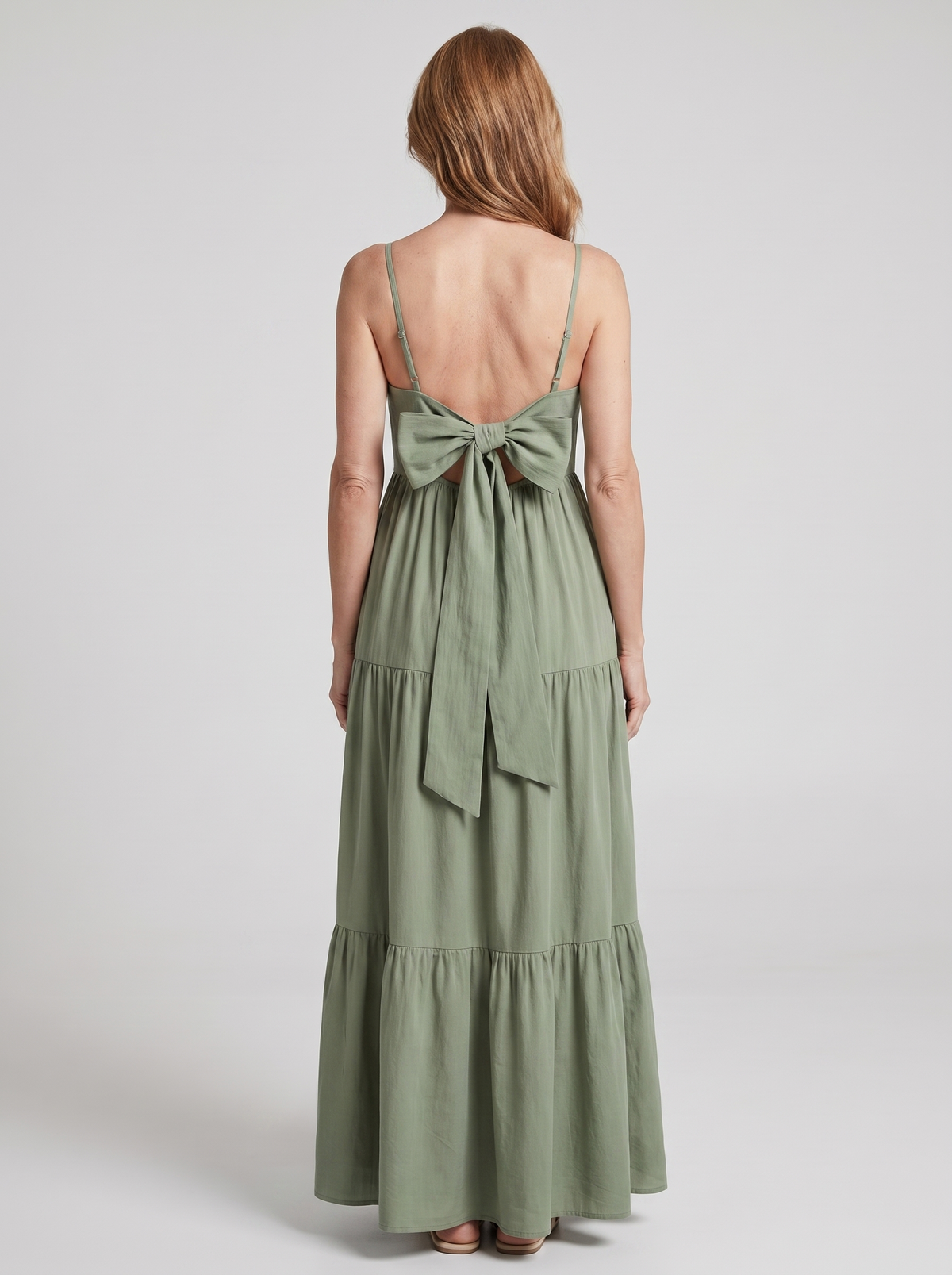 Colette tiered bow-back maxi dress in Sage Green - back view