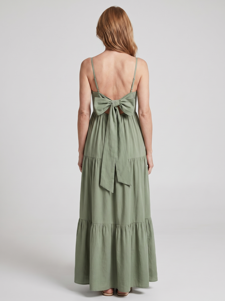 Colette tiered bow-back maxi dress in Sage Green - back view