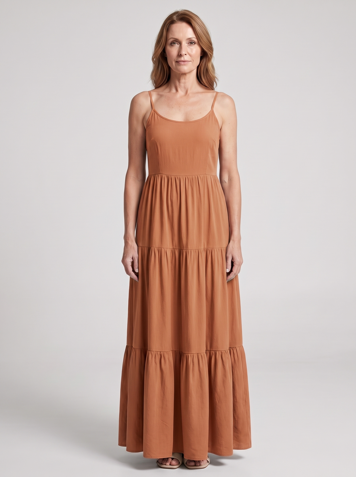 Colette tiered bow-back maxi dress in Terracotta - front view