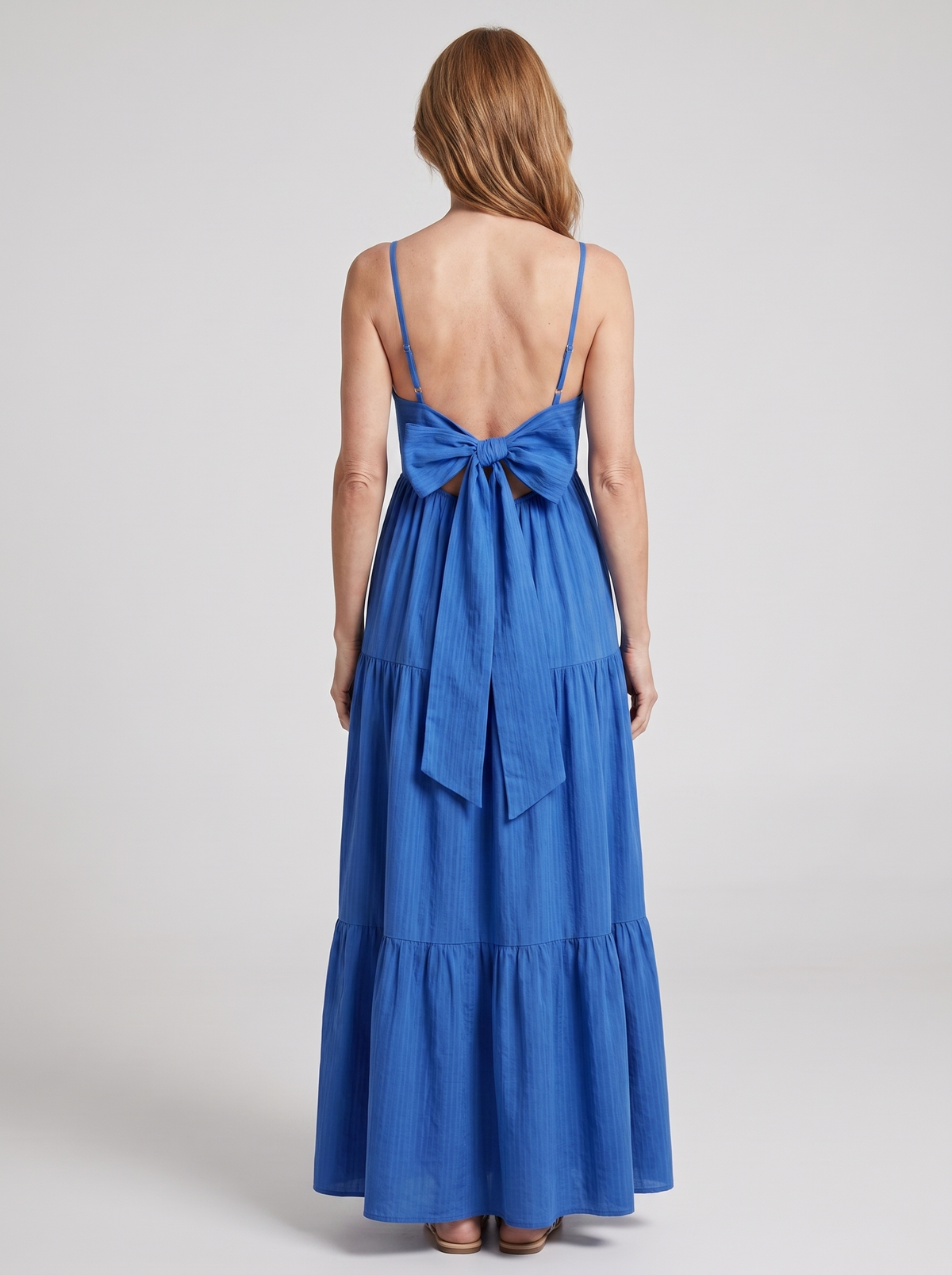 Colette tiered bow-back maxi dress in Cobalt Blue - back view