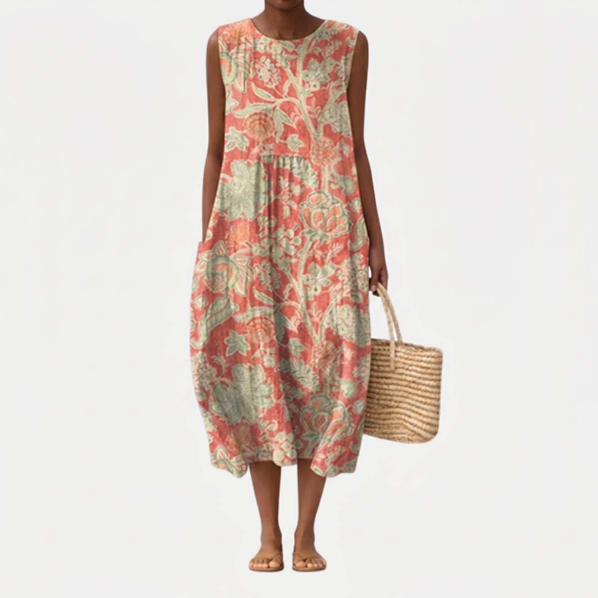 Raya Everyday Midi Dress - full front view showing the gathered midi skirt