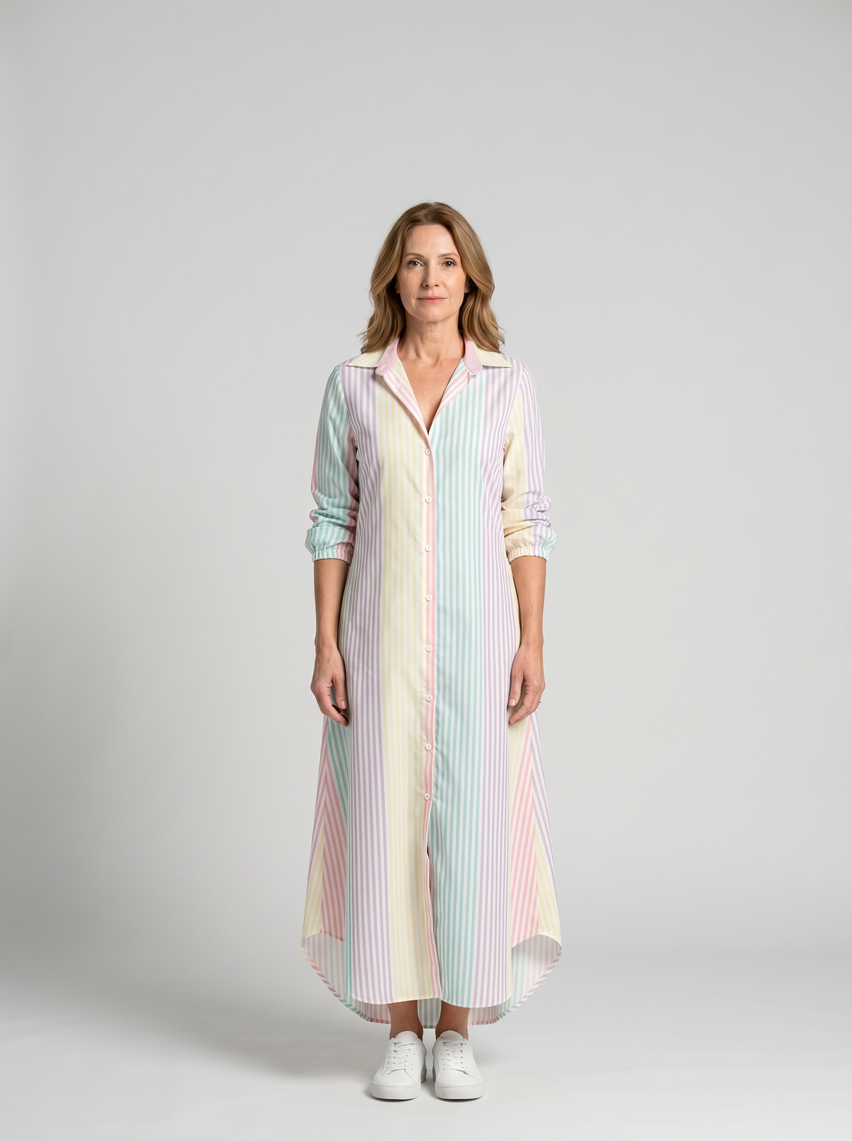 Elodie button-down shirt dress in Rainbow Stripe - front view
