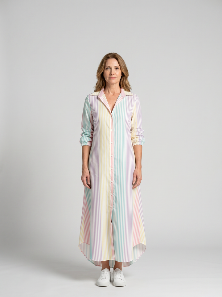 Elodie button-down shirt dress in Rainbow Stripe - front view