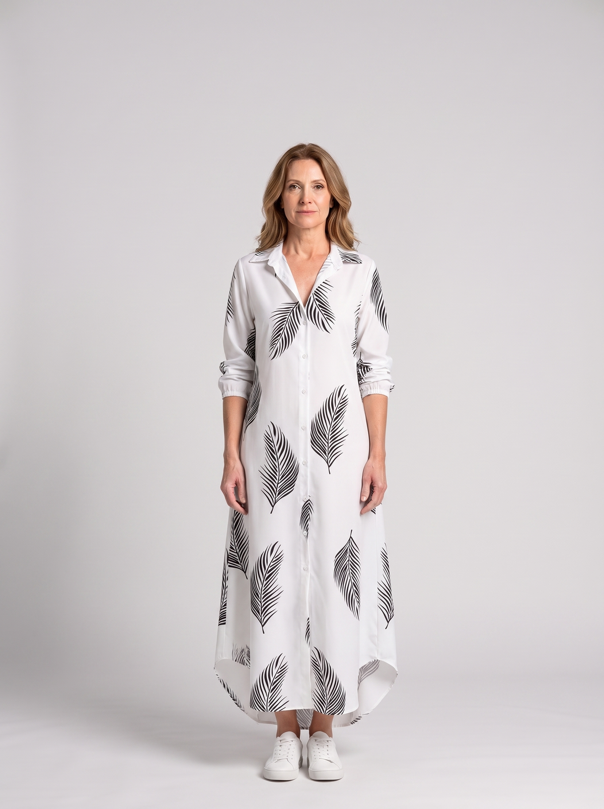 Elodie button-down shirt dress in Palm Leaf - front view
