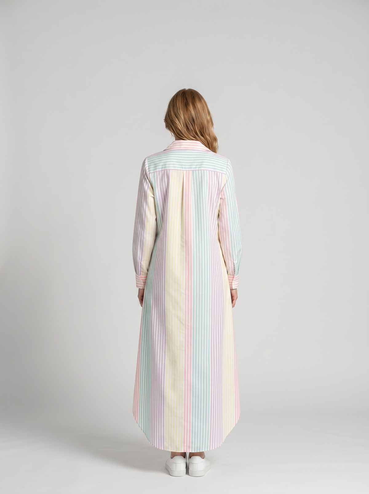 Elodie button-down shirt dress in Rainbow Stripe - back view