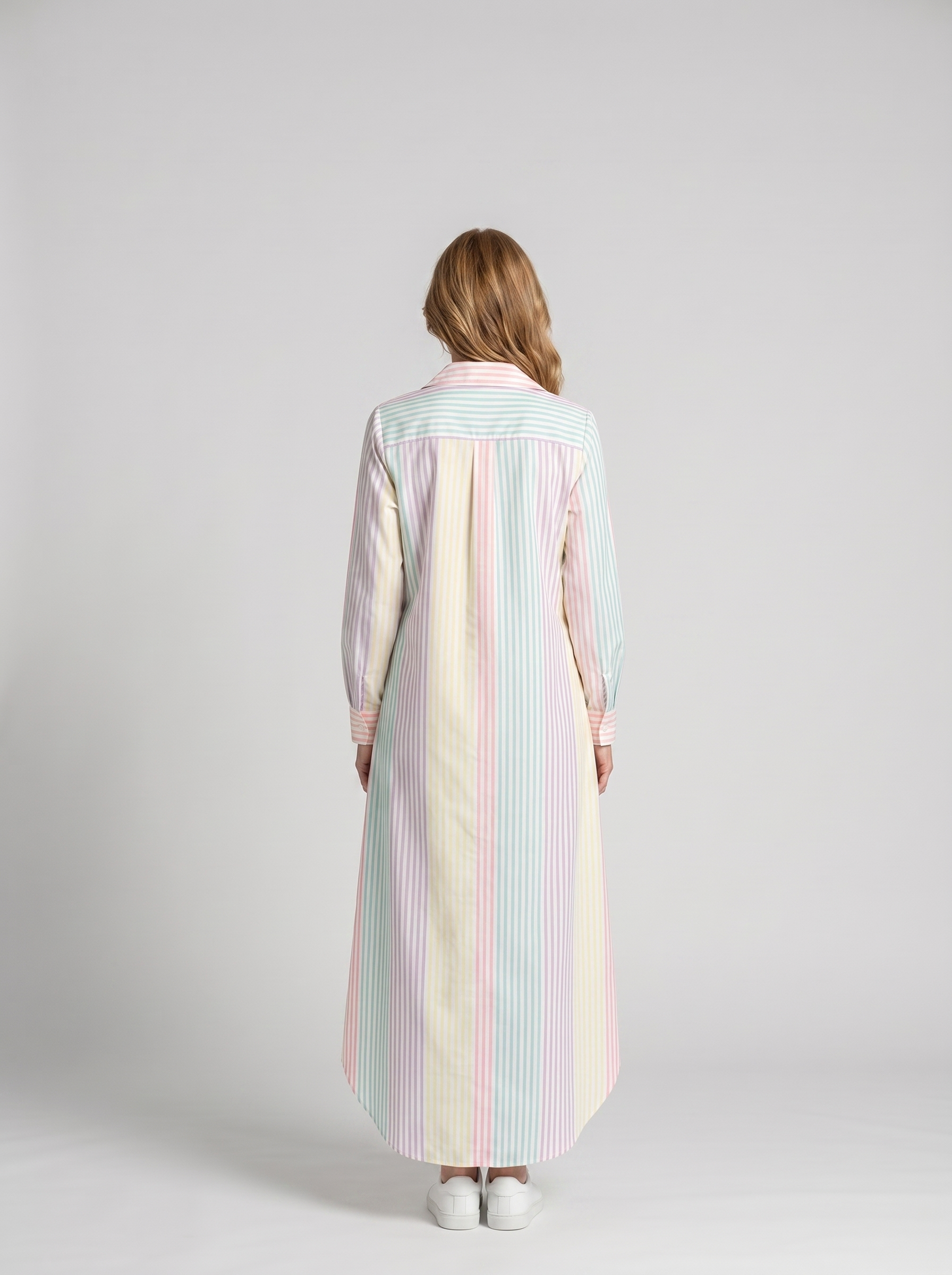 Elodie button-down shirt dress in Rainbow Stripe - back view
