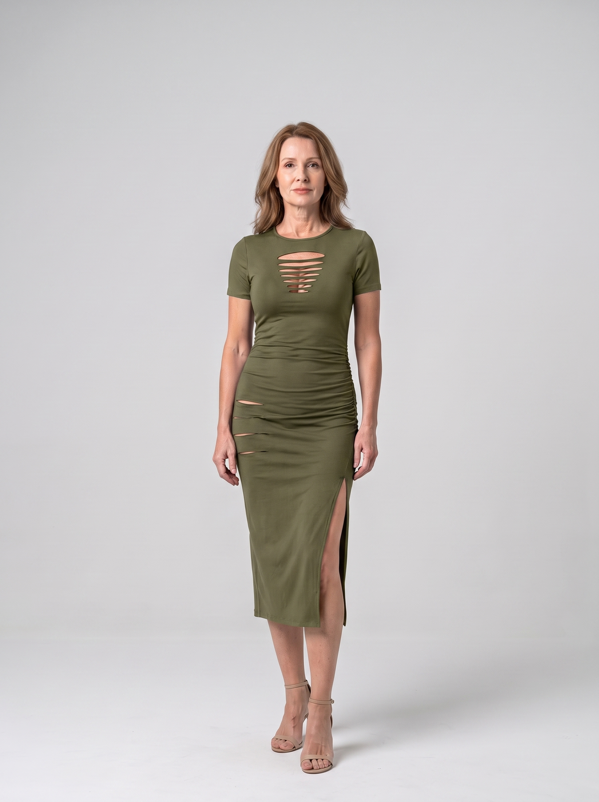 Talia cut-out bodycon midi dress in Army Green - front view