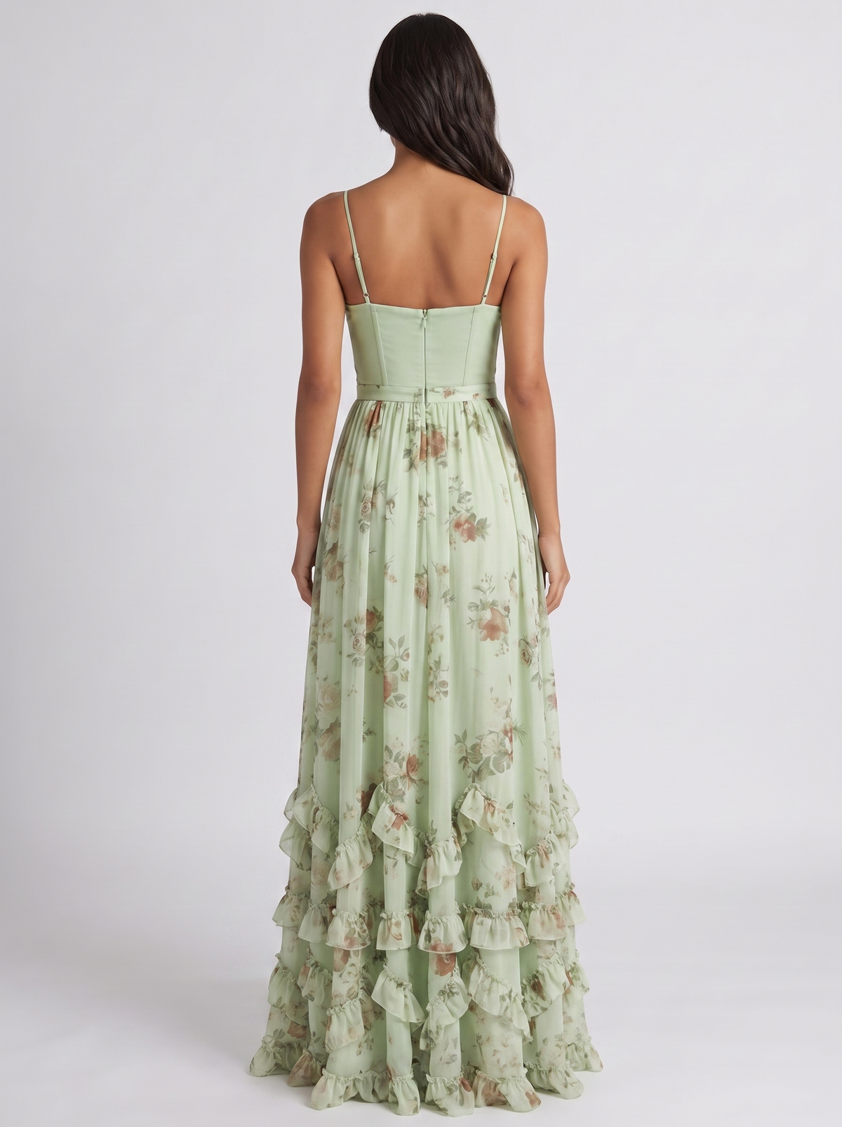 Violetta floral corset maxi dress in Sage Green - back view
