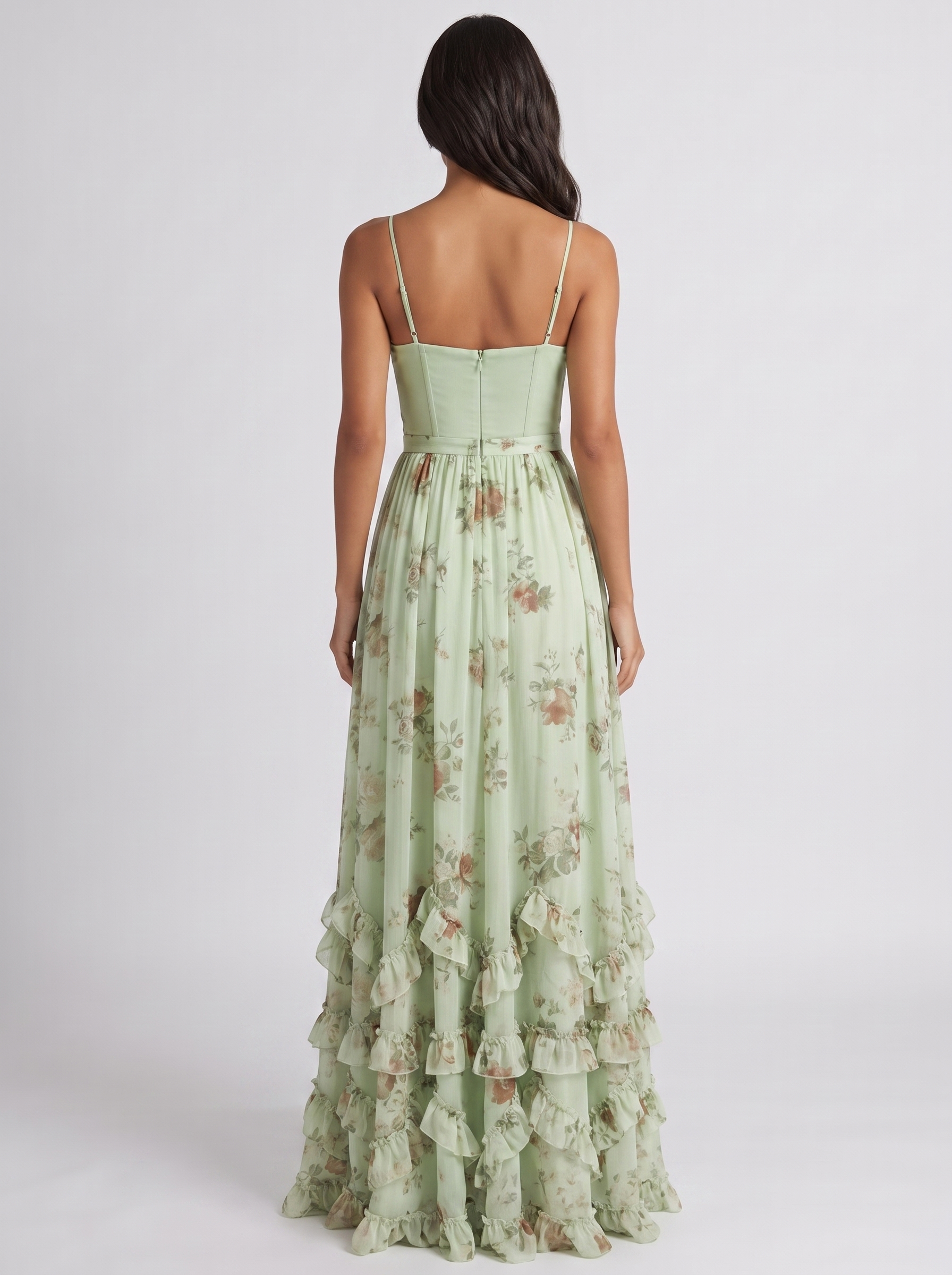 Violetta floral corset maxi dress in Sage Green - back view