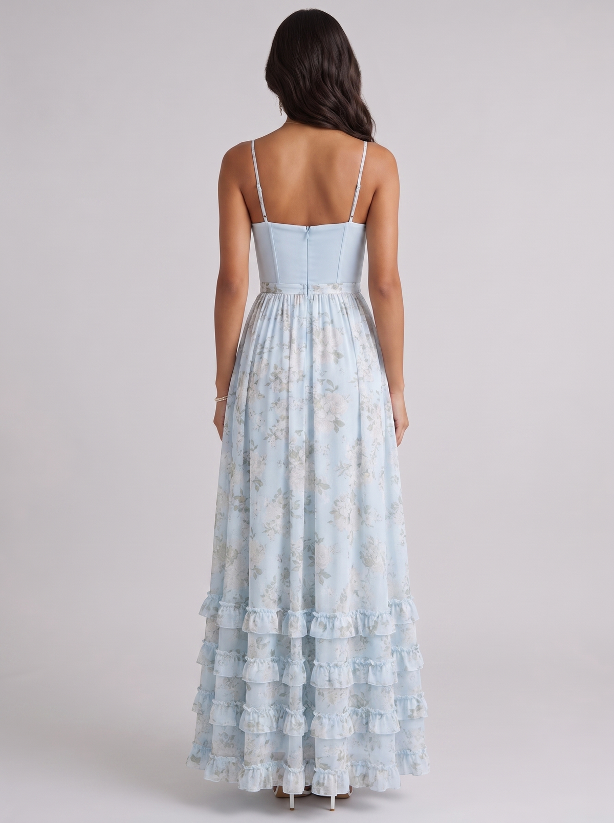 Violetta floral corset maxi dress in Sky Blue - back view