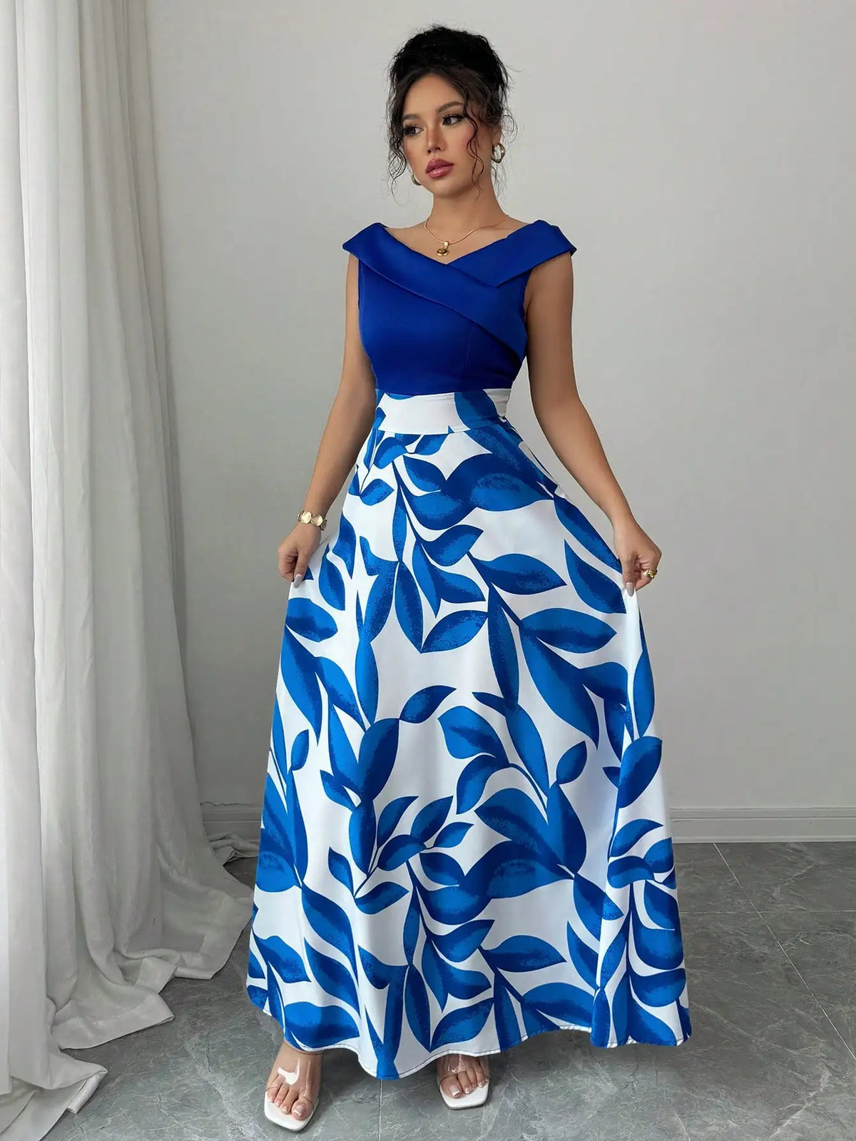 Hilary Maxi Dress in Blue Cap Sleeve, front