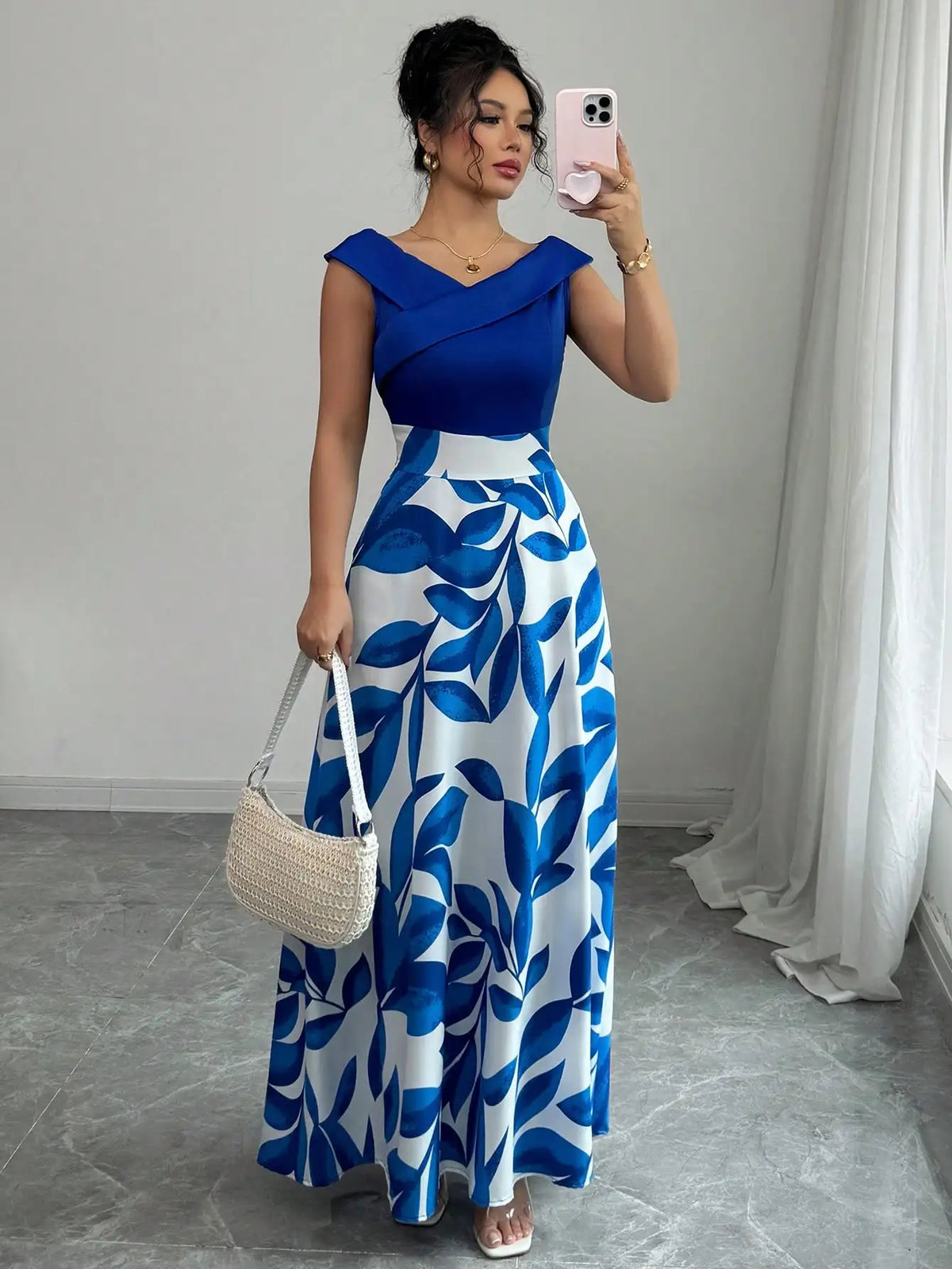 Hilary Maxi Dress in Blue Cap Sleeve, with bag