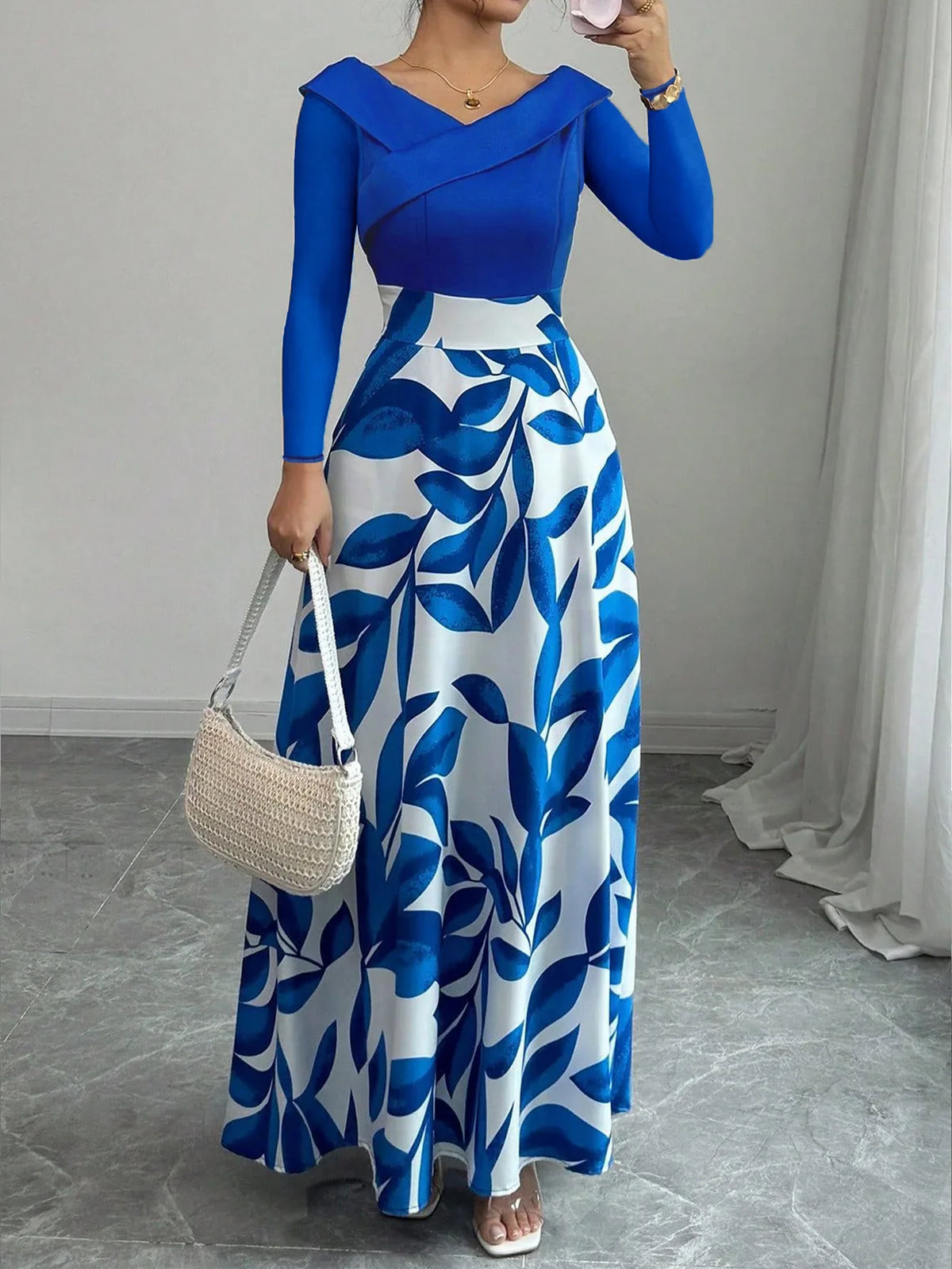 Hilary Maxi Dress in Blue Long Sleeve, front