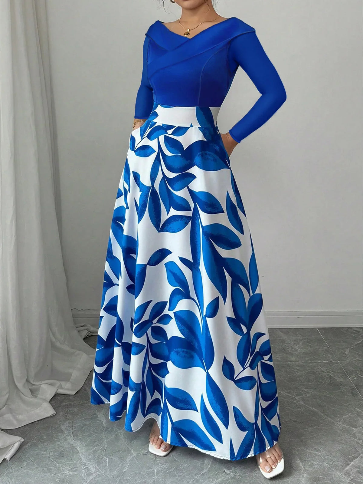 Hilary Maxi Dress in Blue Long Sleeve, side