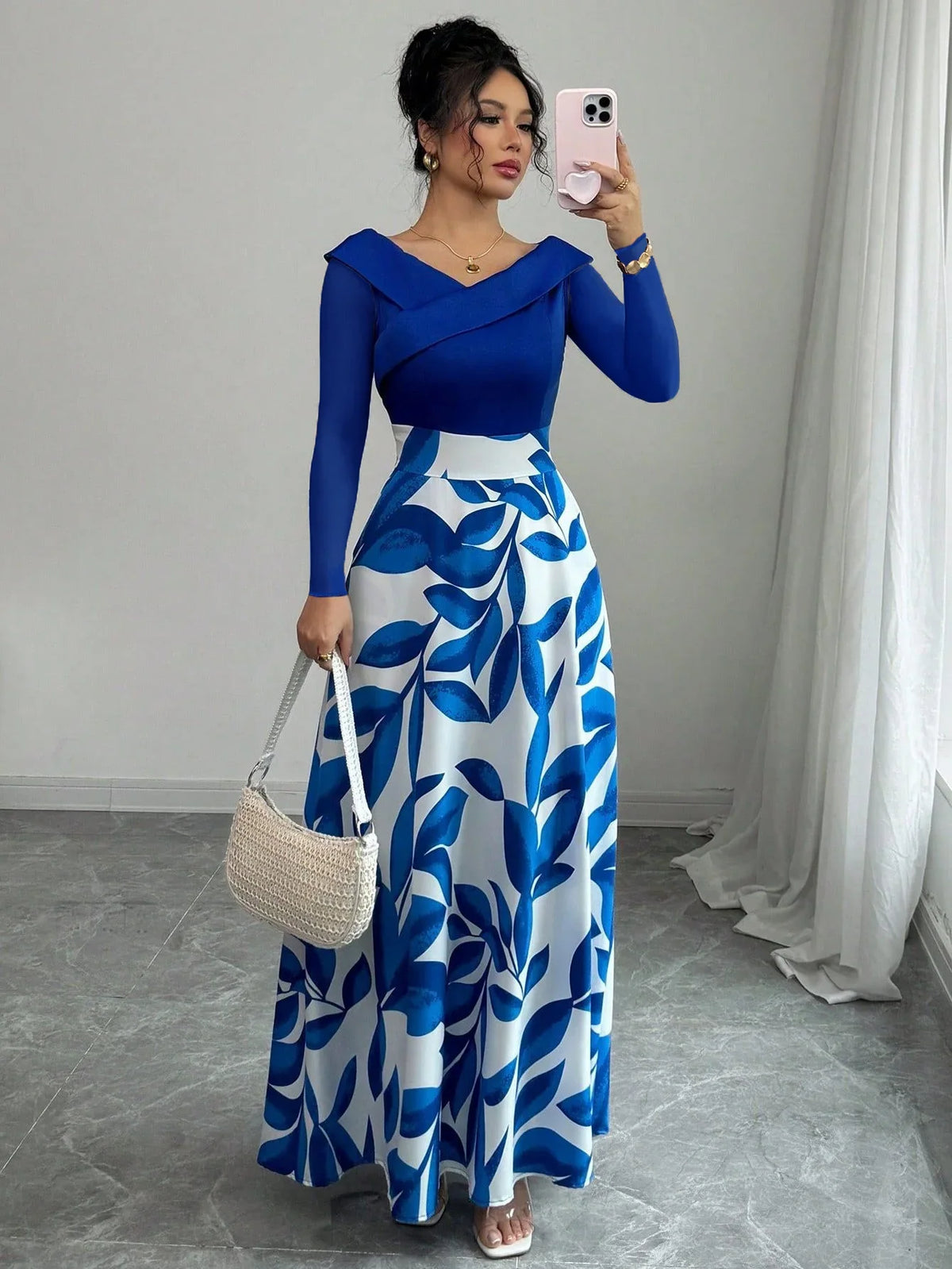 Hilary Maxi Dress in Blue Long Sleeve, with bag