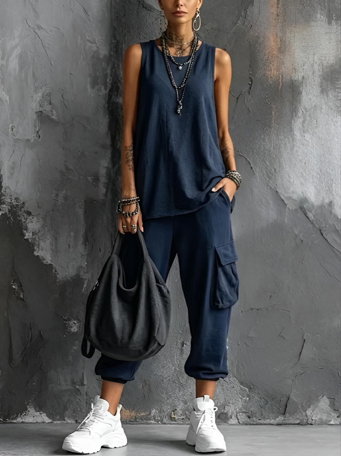 Marlow Sleeveless Cargo Two-Piece Set - navy front view