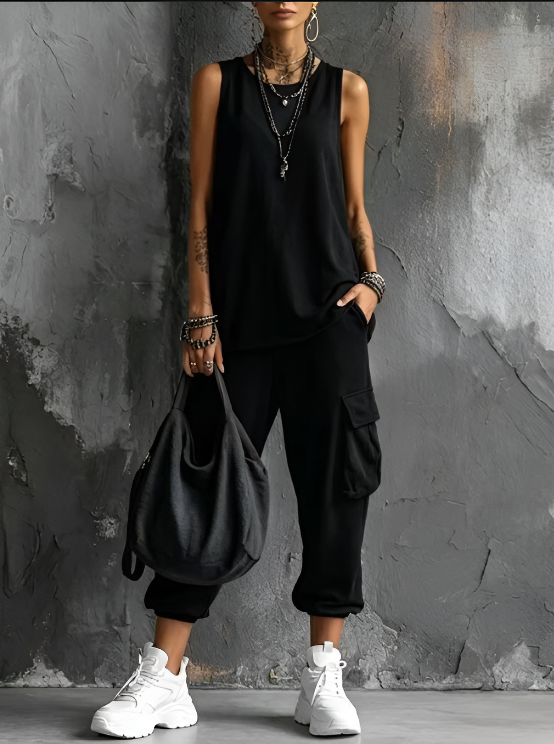 Marlow Sleeveless Cargo Two-Piece Set - black front view