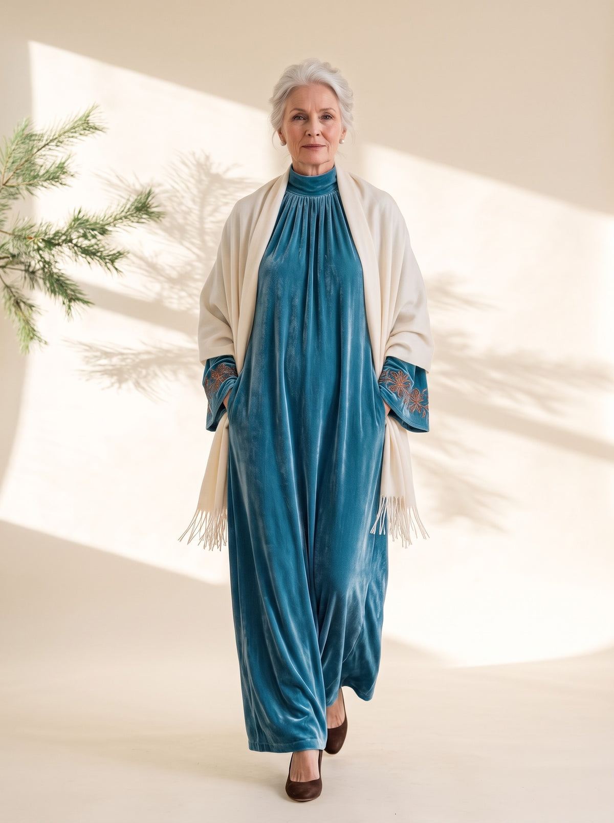 Iona Maxi Dress in Teal Blue, styled with the Blythe Evening Wrap in Ivory