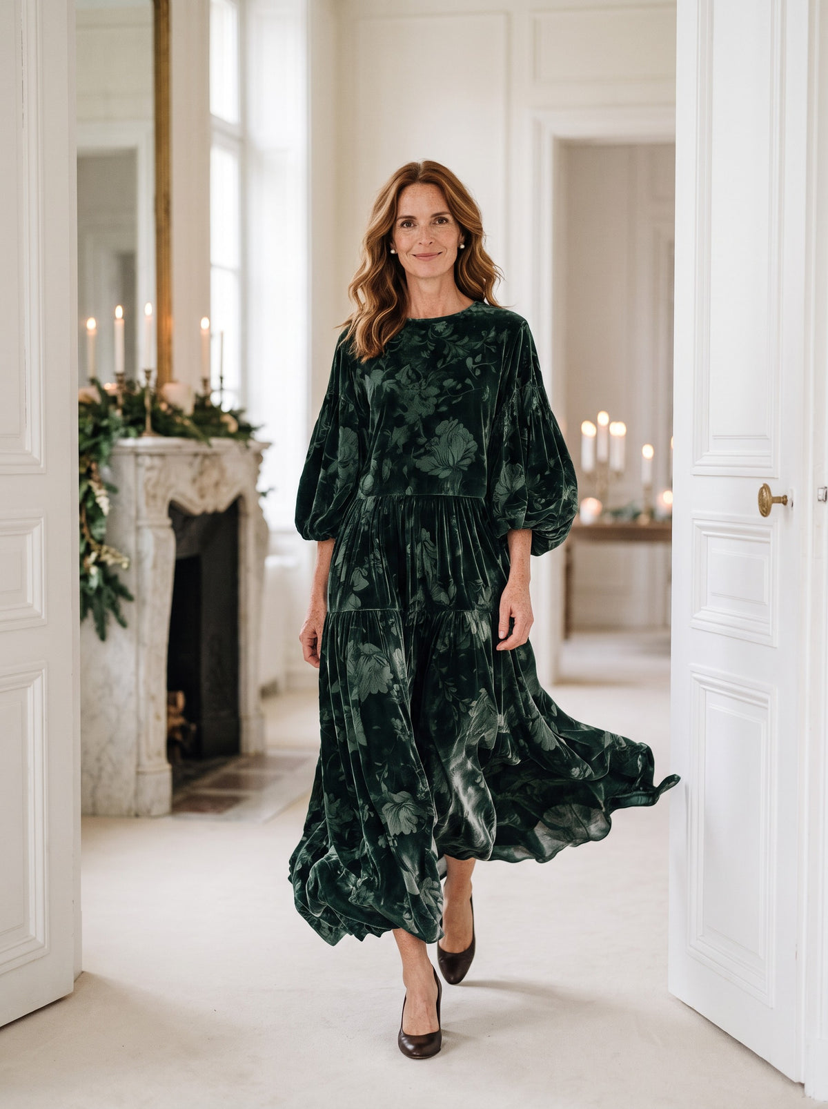 Jessamine Maxi Dress in Dark Green Floral, front view