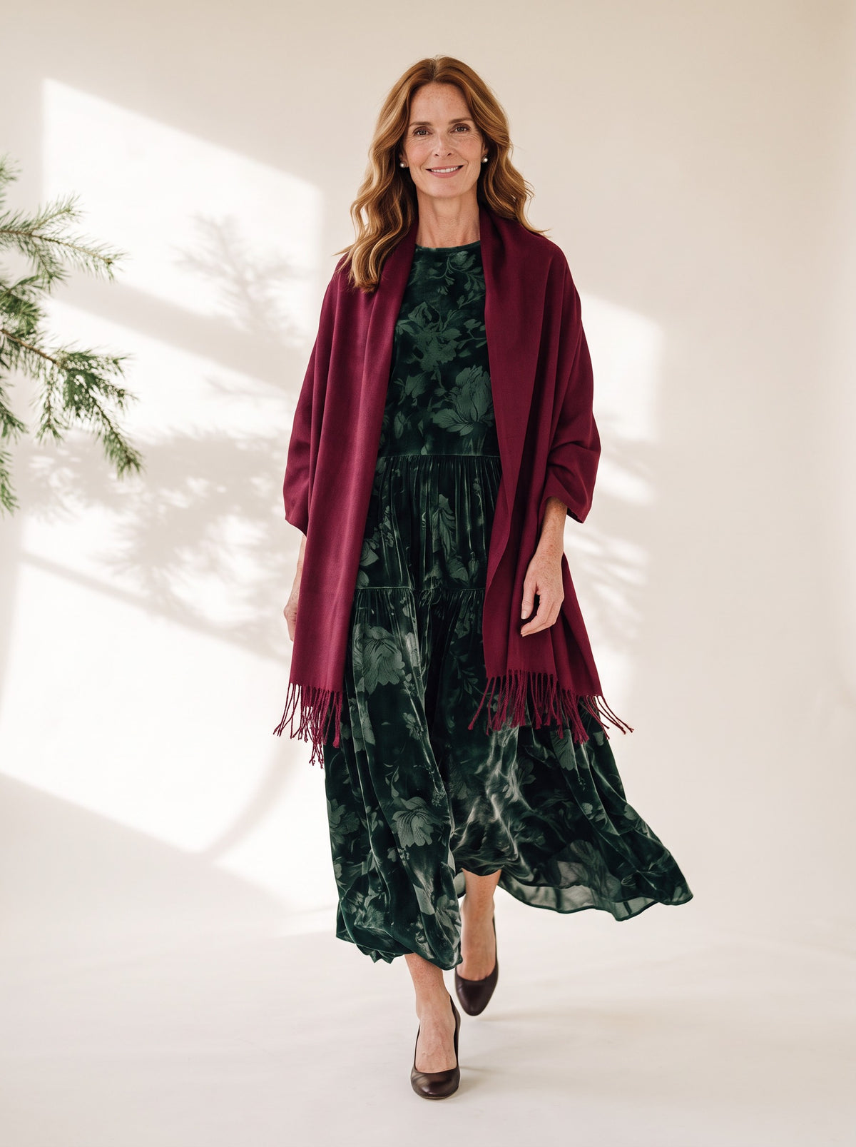 Jessamine Maxi Dress in Dark Green Floral, styled with the Blythe Evening Wrap in Burgundy