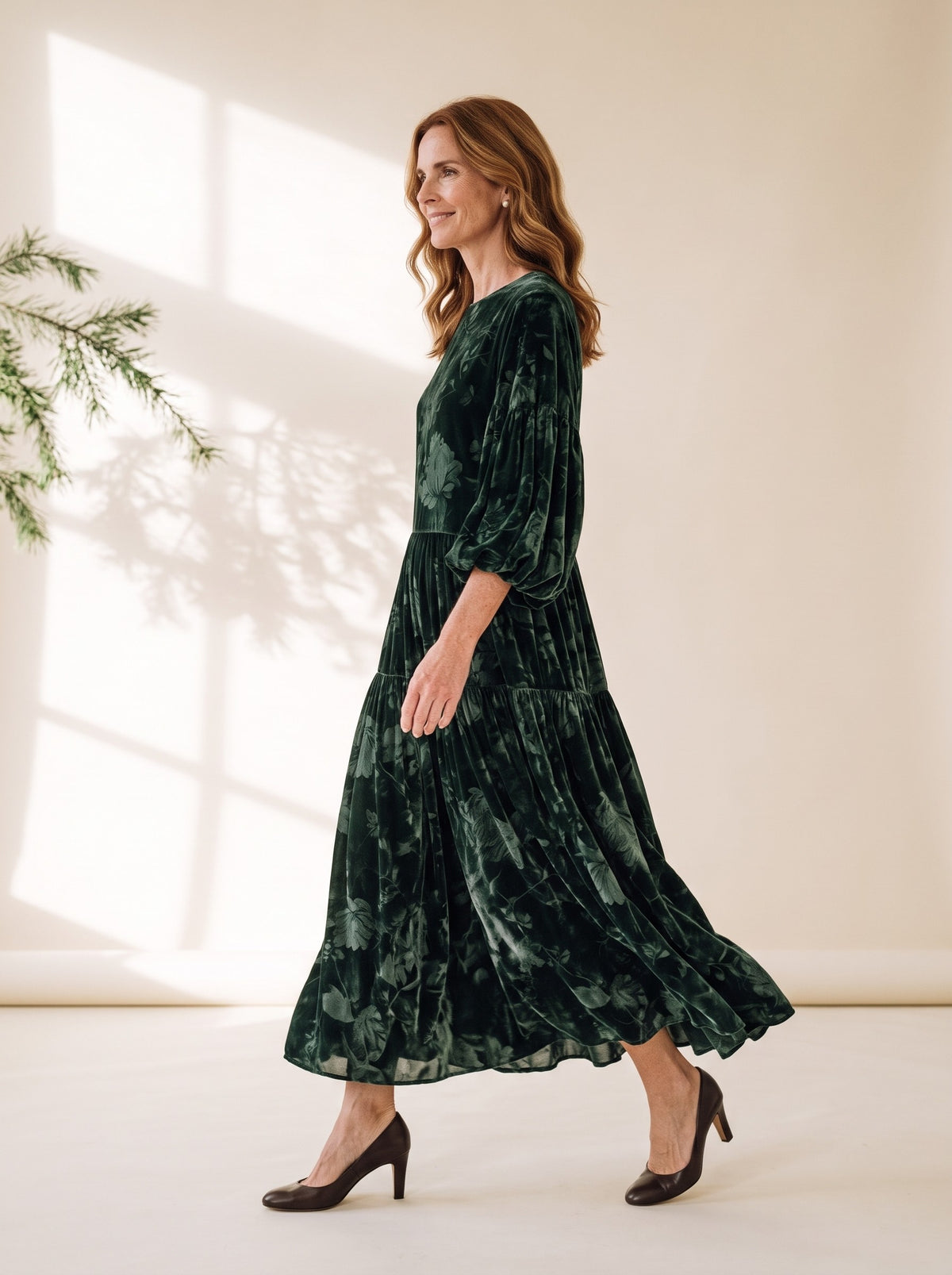 Jessamine Maxi Dress in Dark Green Floral, side view