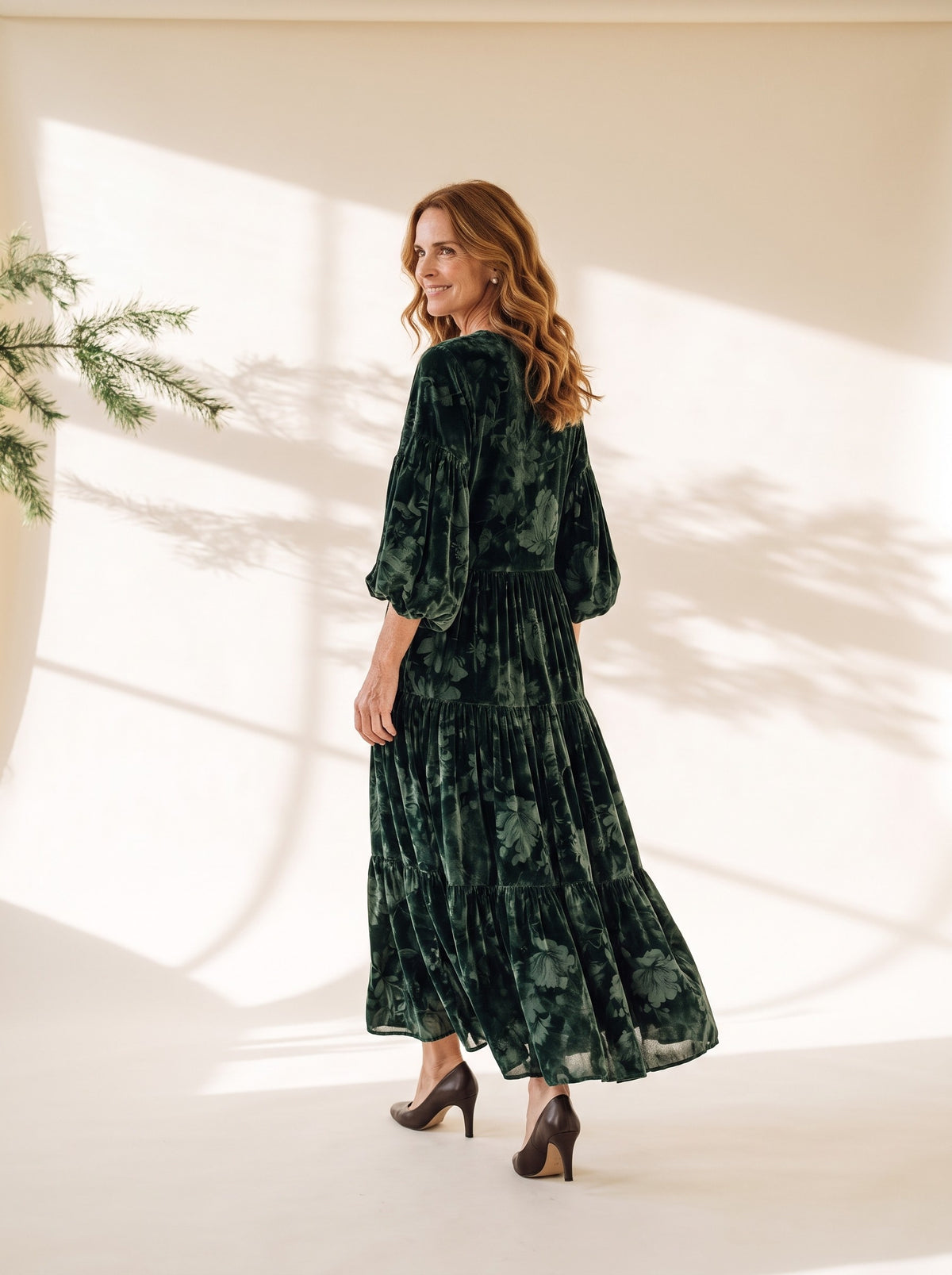 Jessamine Maxi Dress in Dark Green Floral, back view