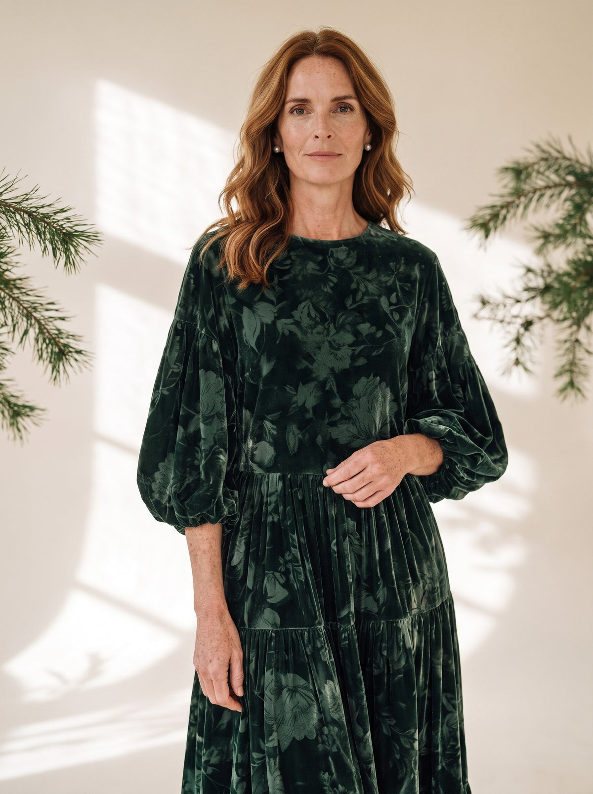 Jessamine Maxi Dress in Dark Green Floral, detail view