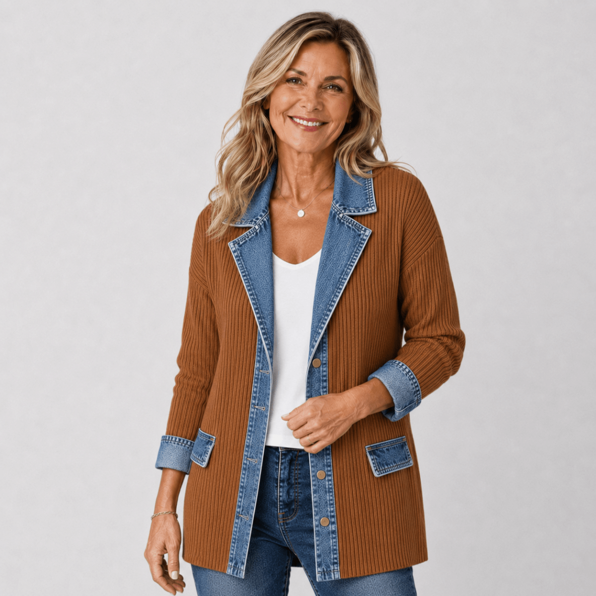 Sabine Denim-Trim Knit Jacket — Brown front