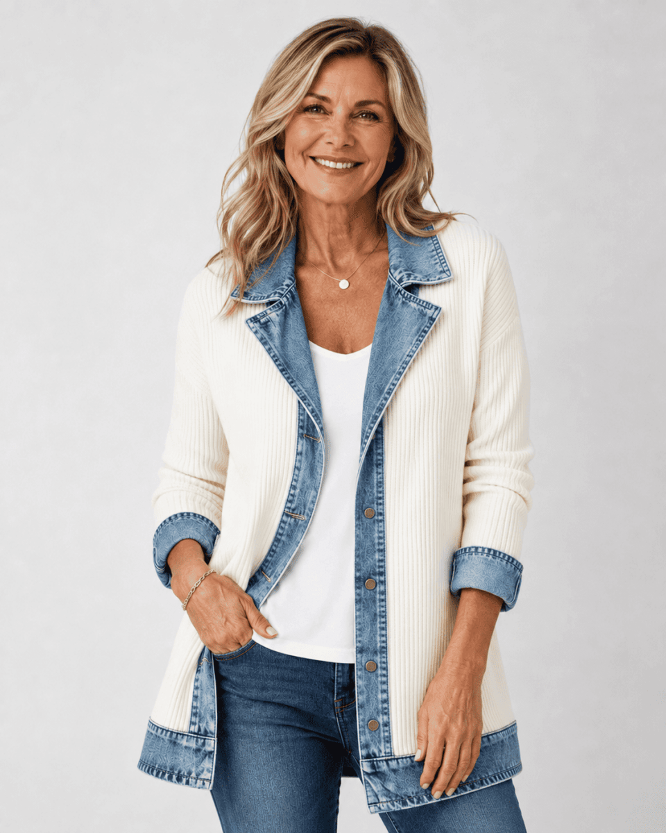 Sabine Denim-Trim Knit Jacket — White front (hero)