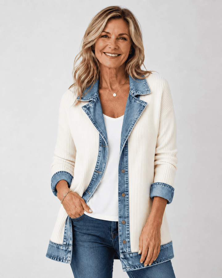 Sabine Denim-Trim Knit Jacket — White front (hero)
