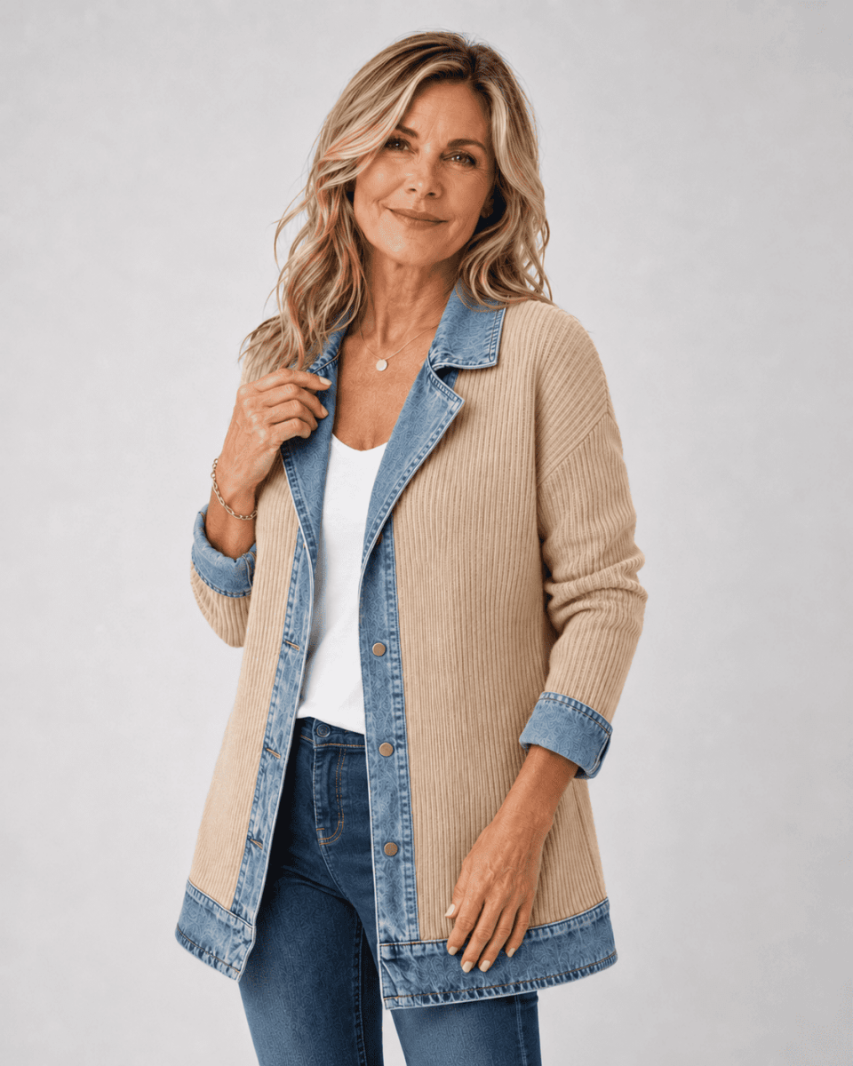 Sabine Denim-Trim Knit Jacket — Khaki front
