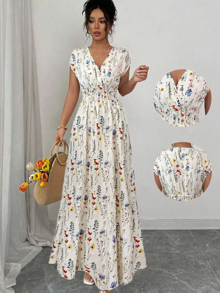 Lydia Maxi Dress in Cream Floral, front with details