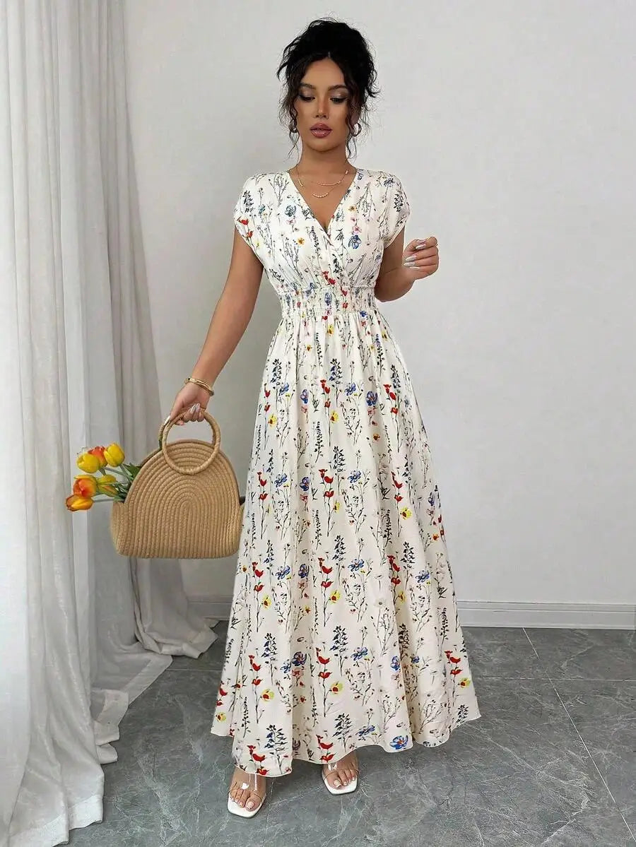 Lydia Maxi Dress in Cream Floral, front with bag