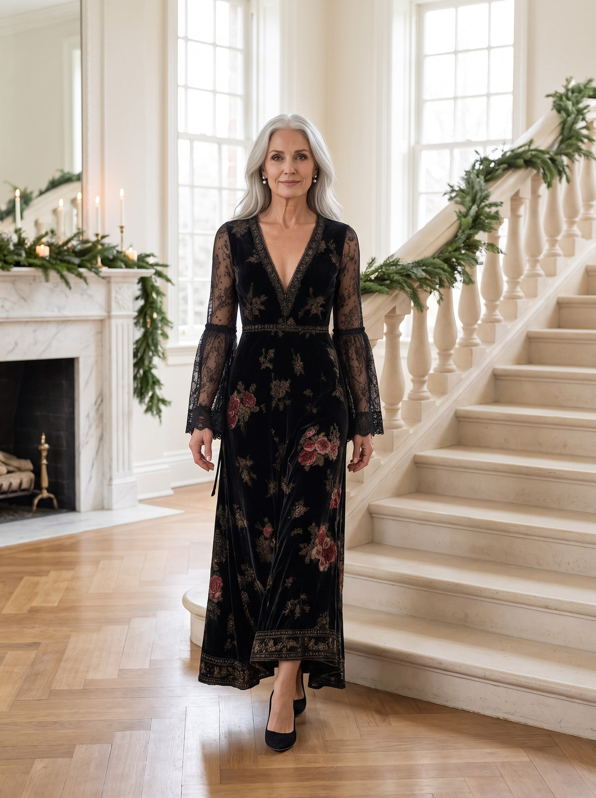 Marjorie Maxi Dress in Black Floral, front view