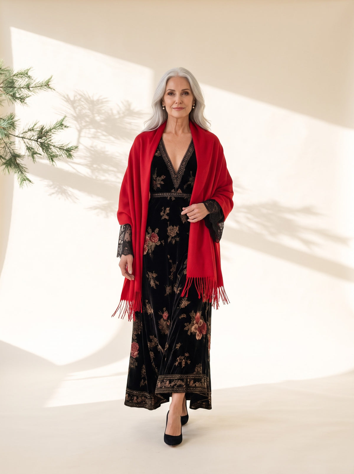 Marjorie Maxi Dress in Black Floral, styled with the Blythe Evening Wrap in Red
