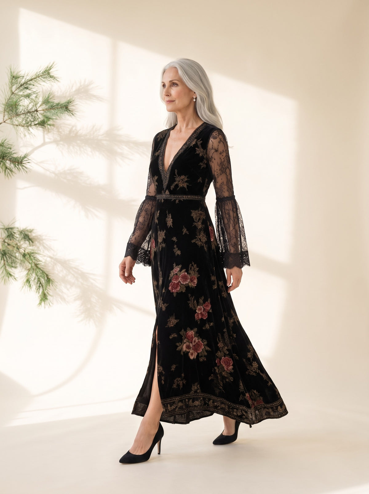 Marjorie Maxi Dress in Black Floral, side view