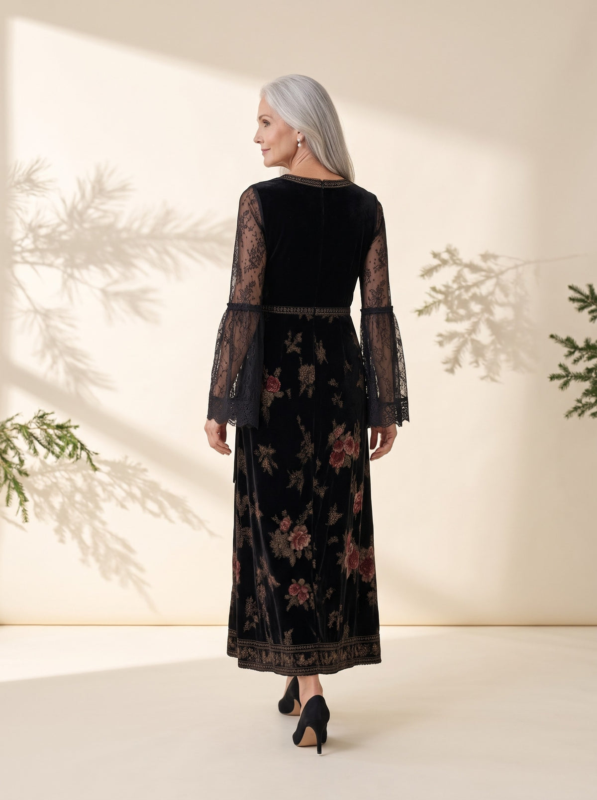 Marjorie Maxi Dress in Black Floral, back view