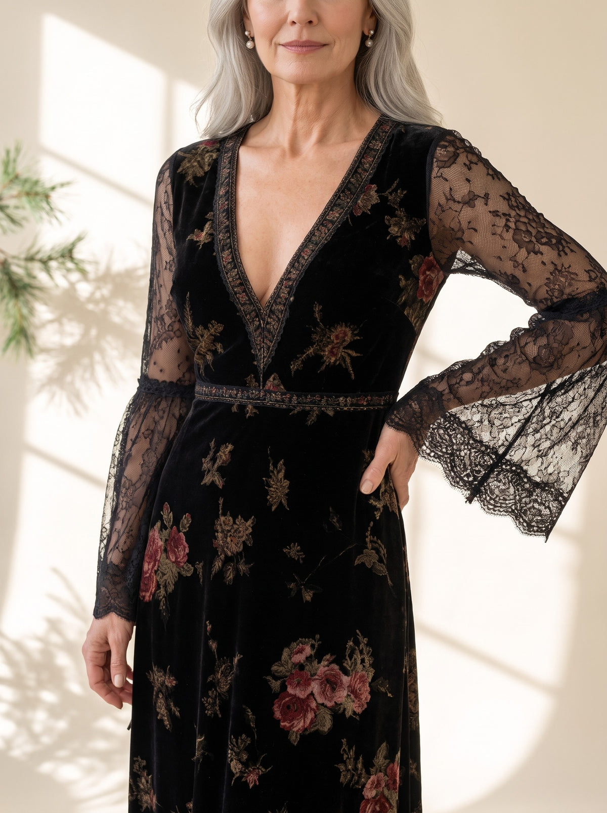 Marjorie Maxi Dress in Black Floral, detail view
