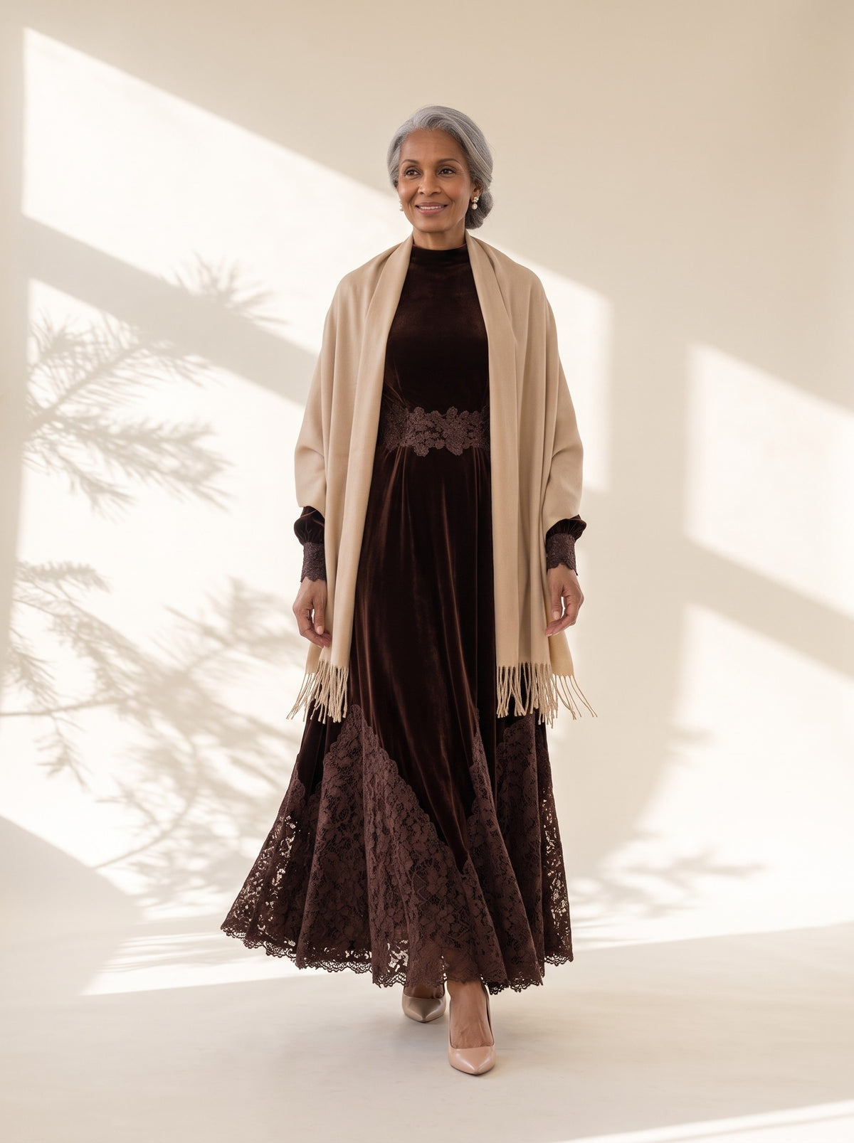 Mavis Maxi Dress in Chocolate Brown, styled with the Blythe Evening Wrap in Camel